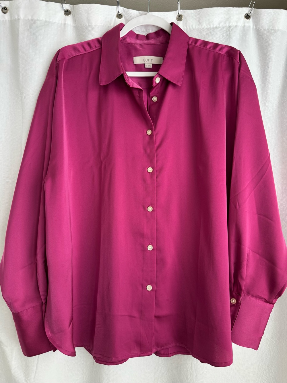 LOFT Long Sleeve Satin Button-Down Shirt in Rasberry